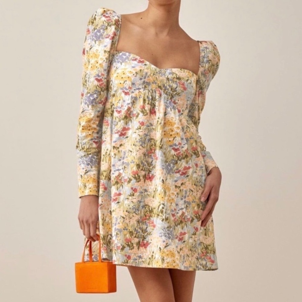 Reformation Kenzi Mini Dress in Countryside Floral Puff Long Sleeve - 0